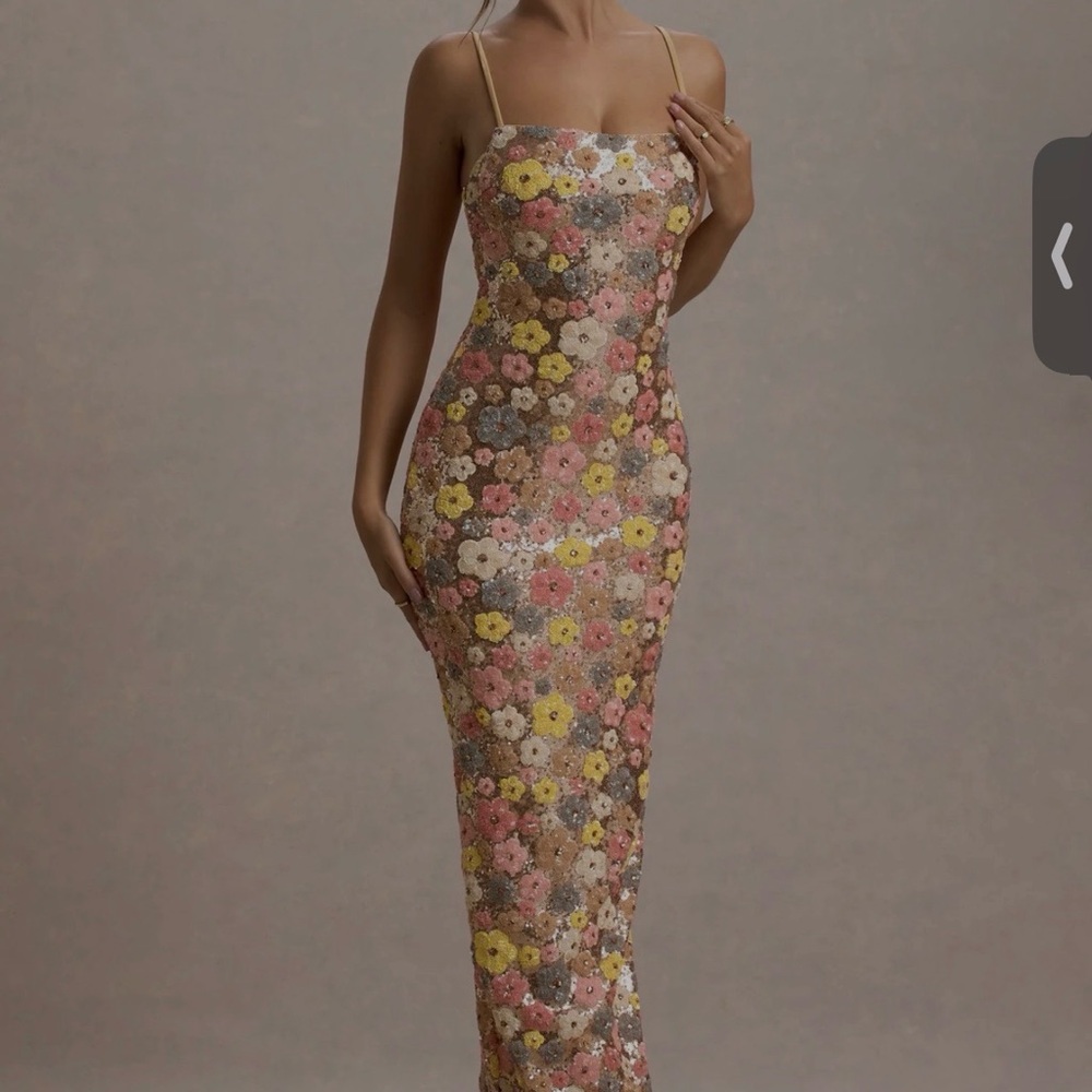 Club L London Strapless Floral Sequin Evening Dress in Pink, Yellow, Cream
